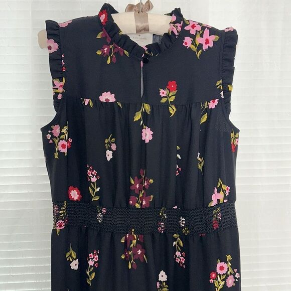 kate spade L Ma Cherie In Bloom Black Floral Smocked Waist Tiered A Line Dress - Picture 8 of 16